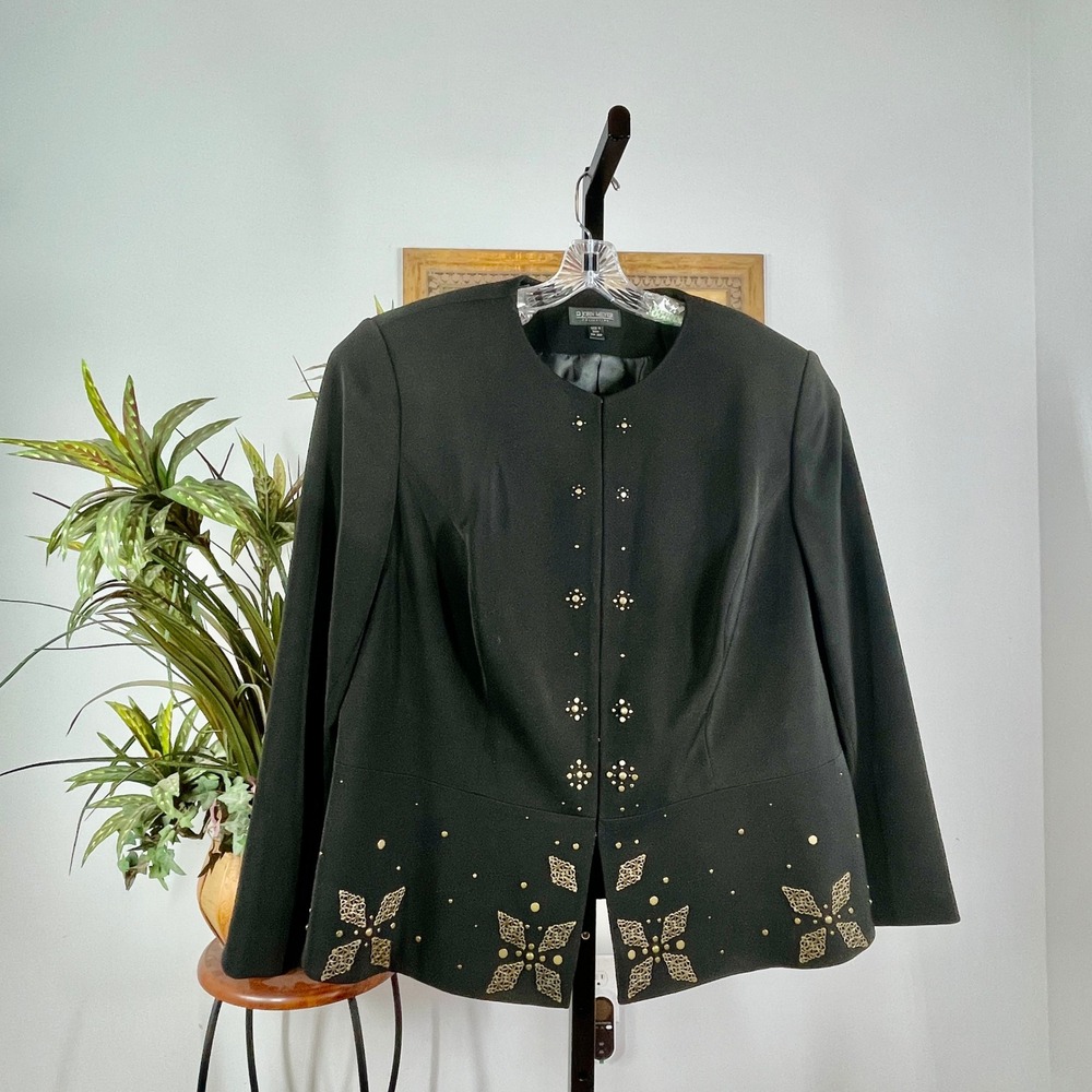 John Meyer Jacket Women 22W Black Polyester Studded Gold Filigree Evening Blazer